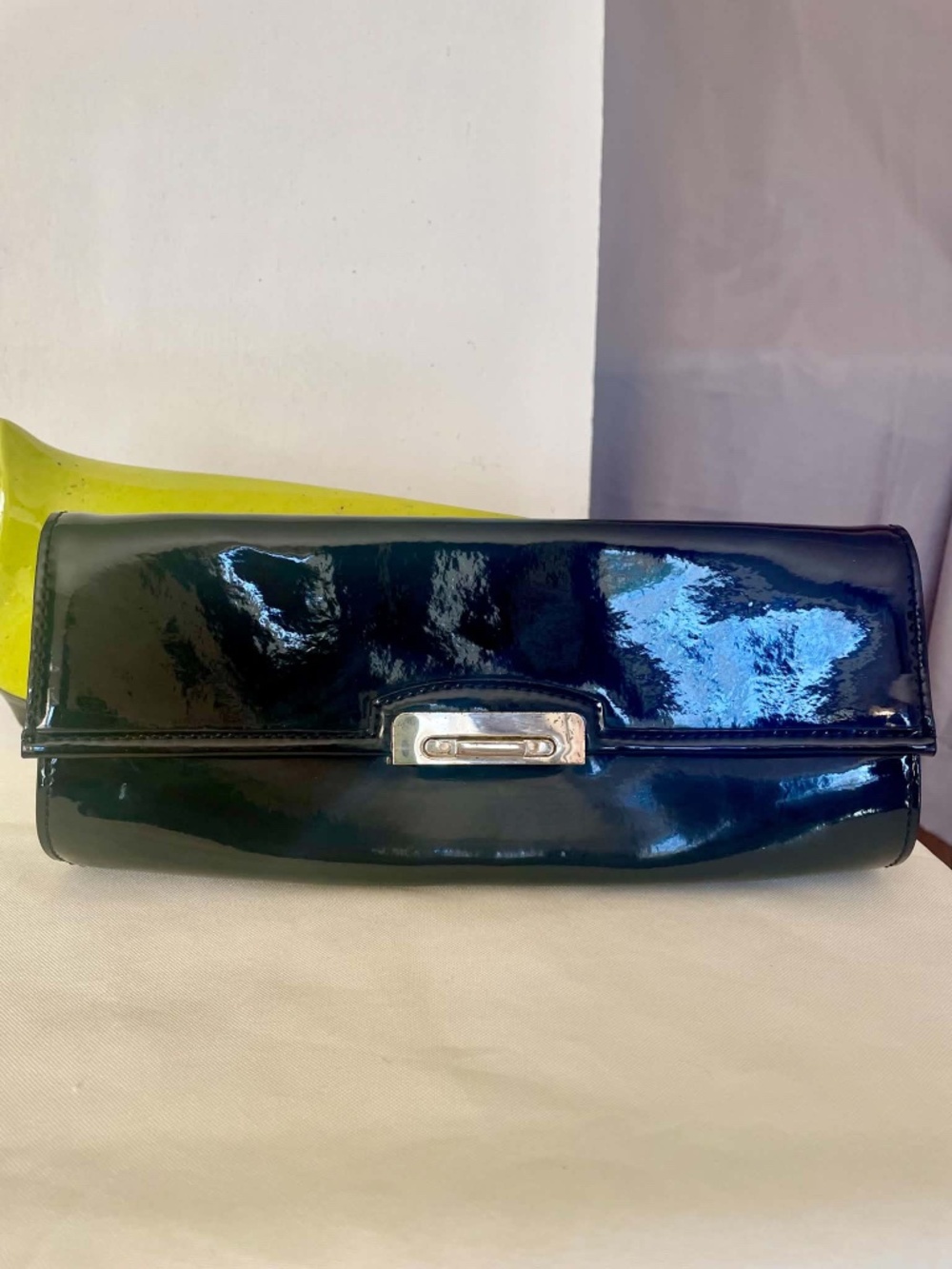 Ann Taylor Black Patent Vinyl Envelope Clutch Silver Buckle Purse Bag